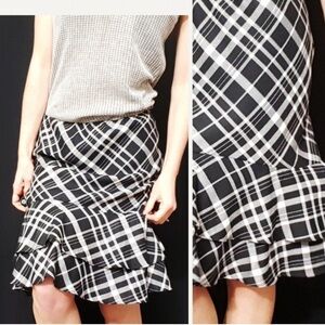 NWT Lauren Ralph Lauren Black White Plaid Side Wrap Ruffled Hem Midi Skirt Sz M